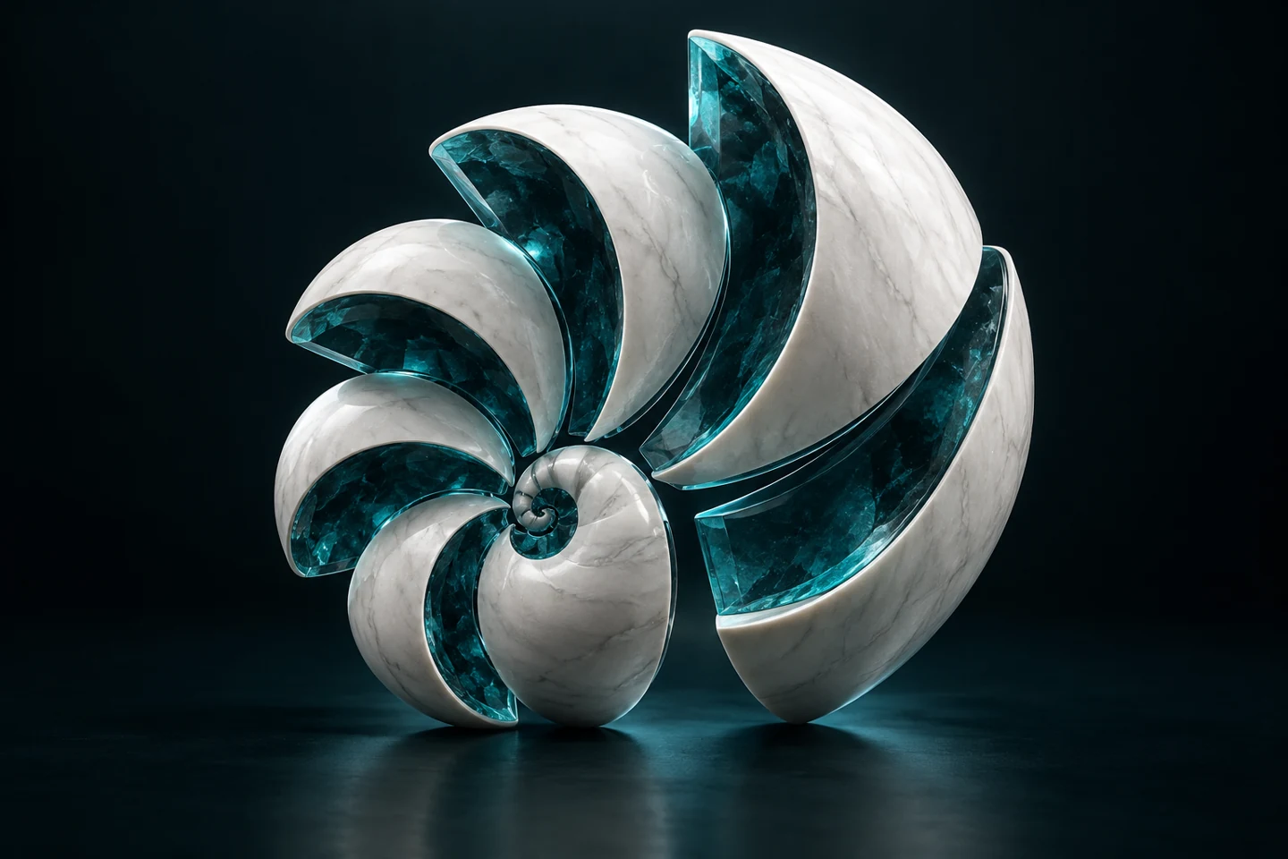 Radial geöffnete Nautilusform mit getrennten Marmor- und Glaskammern