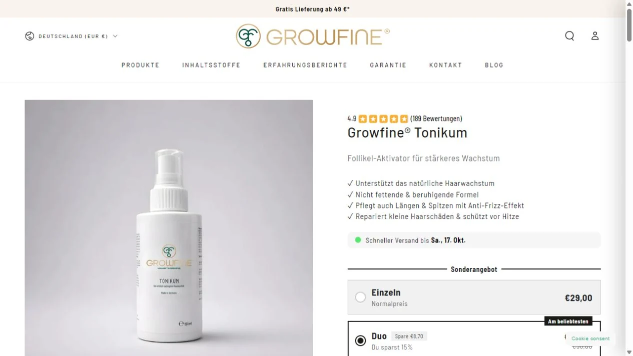 Aktuelle Growfine-Produktseite: Produktdarstellung, Informationen und Kaufaktion