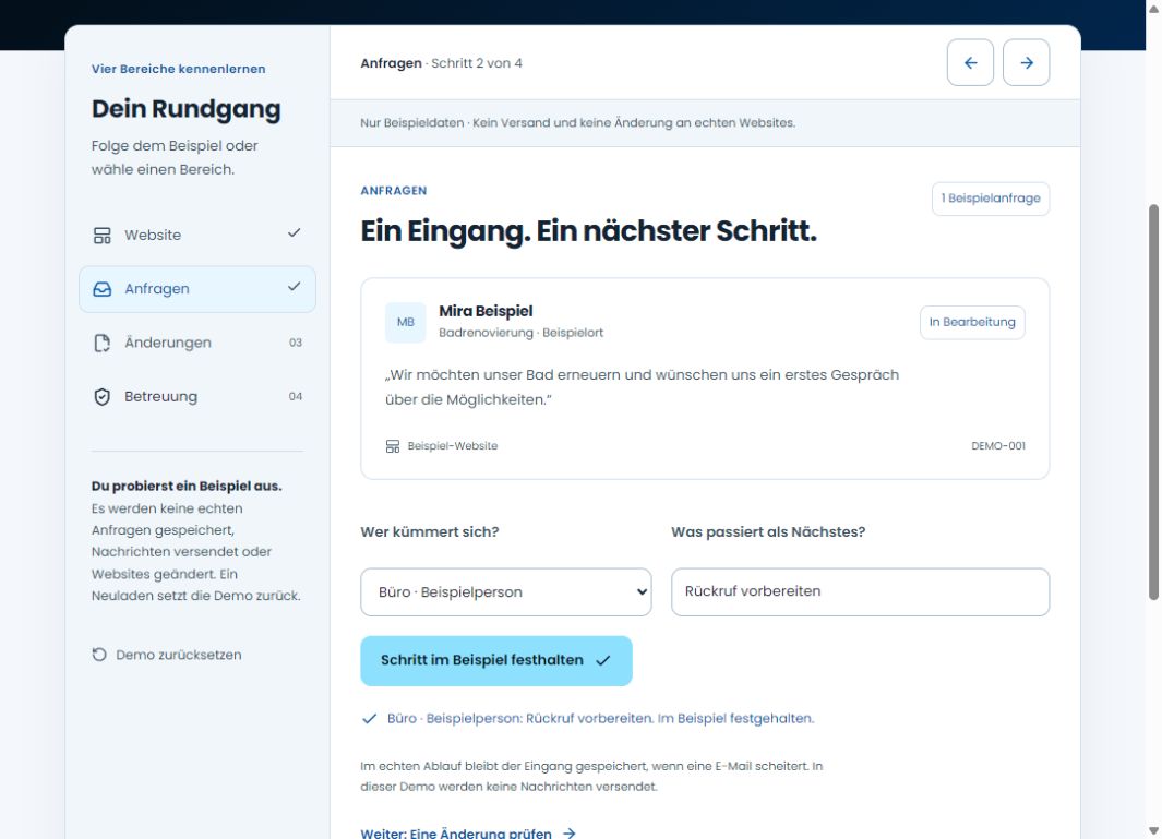 Beispielansicht: Mira Beispiel, eine zuständige Person und der festgehaltene nächste Schritt